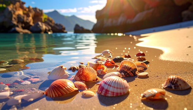 Seashells on Sandy Beach with Rocky Coastline.
