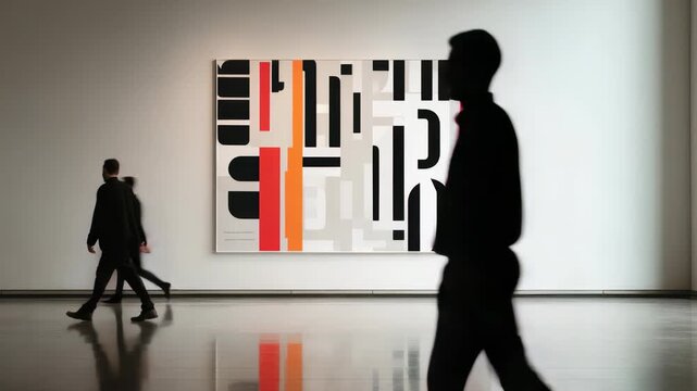 Two individuals walk through sleek modern gallery featuring bold abstract artwork with geometric shapes, vibrant colors. Clean, minimalist space highlights creativity, urban sophistication