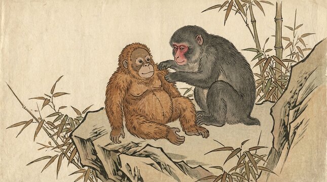 Traditional Japanese Art: Monkey Grooming Orangutan Plush