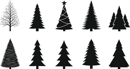 Christmas tree silhouette set, winter pine forest elements, evergreen fir collection, holiday nature icons, spruce wood landscape, star topper, vector.