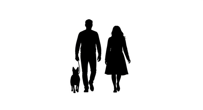 Couple Walking Dog Together Silhouette.