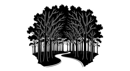 Obraz premium Winding path leading into a dense forest with tall trees, black and white graphic illustration of a natural woodland landscape