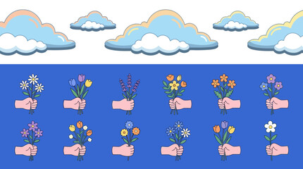 Stylized Hands Holding Colorful Flower Bouquets with Cartoon Clouds. Spring Nature Vector Illustration Set.