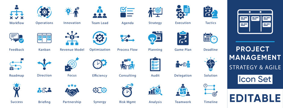 Project management and agile icon set. Vector collection including Kanban, roadmap, workflow, revenue model, process flow and strategy symbols.