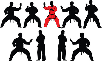 Martial arts karate fighter silhouette set, judo athlete man training, sport combat action, taekwondo pose vector, gym exercise, master skills collection. © Bulbuli