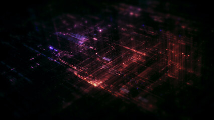 Obraz premium Futuristic digital data network with glowing cyber interface grids and dynamic light streams representing artificial intelligence, cybersecurity, fintech systems, blockchain infrastructure, and cloud 