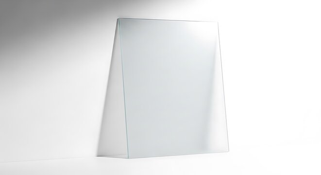 A minimalist rectangular mirror standing upright against a plain white background, reflecting soft light.