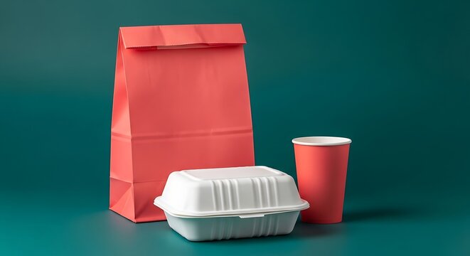 Red takeout bag, container, and cup on a teal background, food packaging.