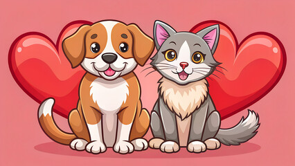 Obraz premium A cute cartoon dog and cat sitting together with big red hearts behind them