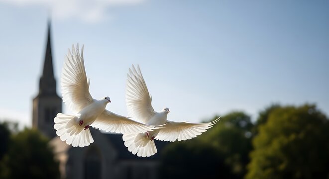 Two elegant white doves flying gracefully against a blue sky, symbolizing peace and remembrance for a funeral concept