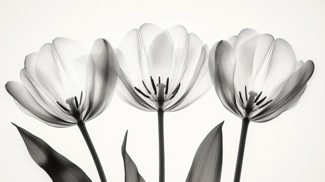 Black and white tulips with translucent petals and detailed stamens