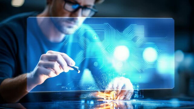 Man in glasses carefully manipulates microchip, surrounded by glowing circuit patterns, high tech environment. Captures essence modern electronics, precision, digital advancement