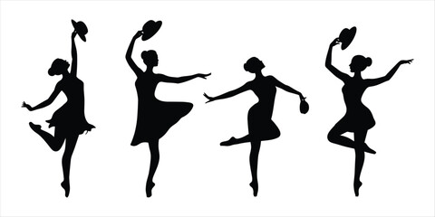 Ballet Dancers Silhouettes in Various Poses with Hats on White Background Keywords: ballet, dancer, silhouette, woman, female © Ariful
