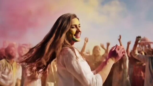 Joyful Woman Celebrating Holi Festival by Throwing Vibrant Colored Powder
