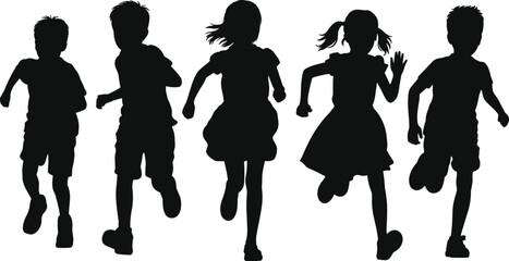 Obraz premium Black silhouettes of a diverse group of happy children and students running forward together for school sports and outdoor play.