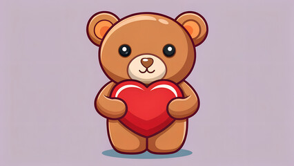Obraz premium A cute cartoon teddy bear holding a big red heart on a pastel purple background
