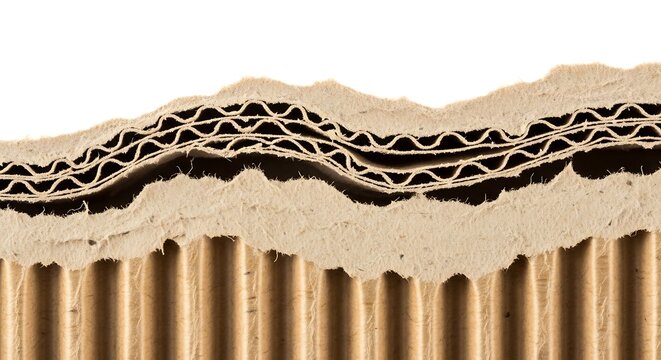 Close-up cross-section of corrugated cardboard showing layered structure and fluted pattern