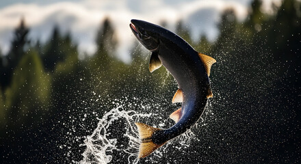 Fototapeta premium Action shot of a salmon leaping out of the water