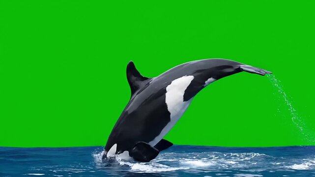 Majestic Orca Whale Leaping from Ocean on Green Screen Background.