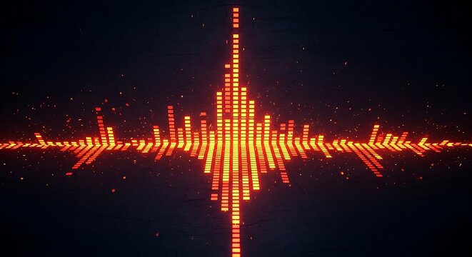 Digital audio waveform visualization with glowing orange bars on a dark background