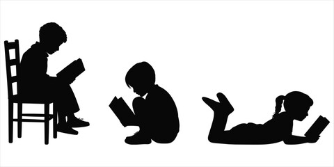 Silhouettes of children reading books in different positions on white background Keywords: children, reading, books, silhouette © Ariful