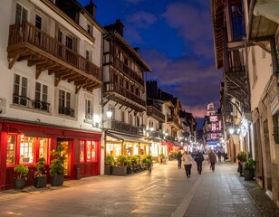 Obraz premium Evening stroll on a historic European street with lit shops & people, under a dusky, cloudy sky