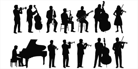 Silhouettes of Musicians Playing Instruments and a Grand Piano on White Background band orchestra © Ariful