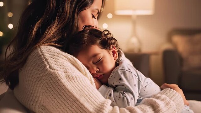 Mother holds sleeping child in warm lamp light, intimate bedtime cuddle scene with soft blanket, gentle hand on head, serene expression, cozy living room atmosphere evoking comfort