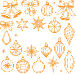 Christmas Ornament Line Art Collection with Baubles, Bells, Stars and Bows, Festive Holiday Decoration Vector Set in Orange Outline