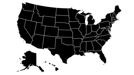 United States Map Silhouette - Black and White USA with State Borders, including Alaska and Hawaii. North America Geography & States Outline © Budak