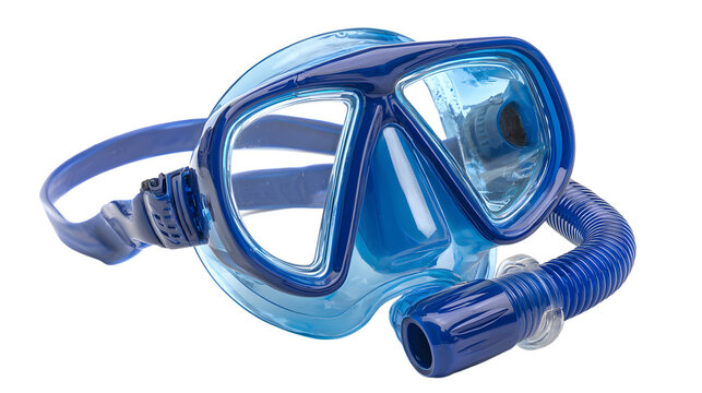 Blue snorkeling mask with breathing tube, underwater diving equipment, isolated on white background