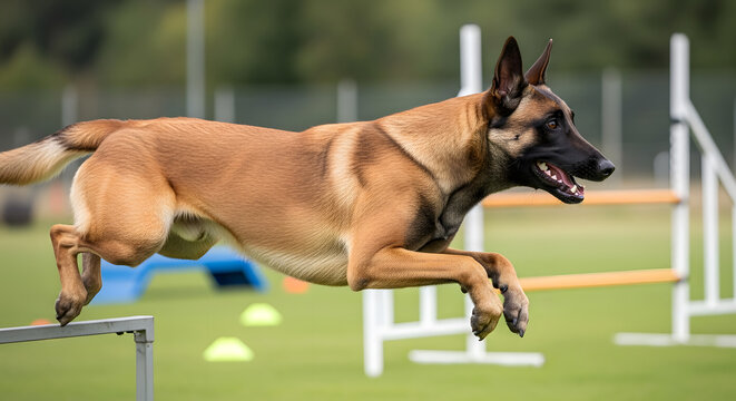 Action photo of a Belgian Malinois dog in training
