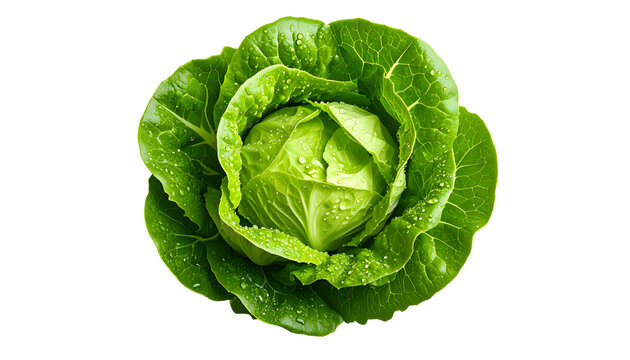 Fresh vibrant romaine lettuce head with water droplets isolated on transparent background for healthy salad ingredient design