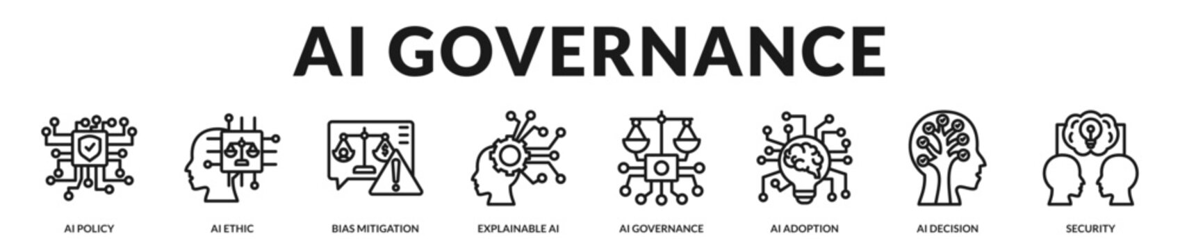 AI governance banner emphasizing ethical standards, transparency, and responsible technology implementation. in Lineal Icon Style
