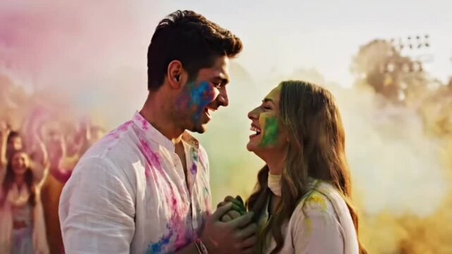 Couple celebrating with colorful powder at a festival
