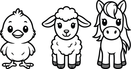 Obraz premium Cute Baby Farm Animal Coloring Page Featuring a Friendly Little Chick Fluffy Lamb and Sweet Pony Character Illustrations in Black and White Line Art