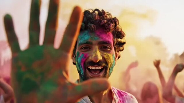 Close-up slow motion portrait of handsome Arab guy with painted face standing outdoors at Holi festival
