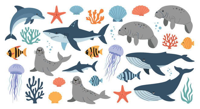A large collection of cute cartoon sea and ocean animals including sharks whales dolphins seals manatees jellyfish and tropical fish.