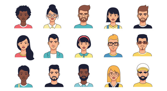 A diverse and multicultural collection of fifteen modern avatar portraits of young men and women with various hairstyles and clothes.