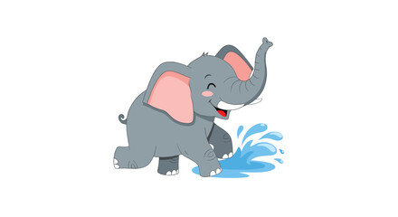 Fototapeta premium Cute and happy baby elephant cartoon character splashing water with its trunk in a playful and cheerful vector illustration.