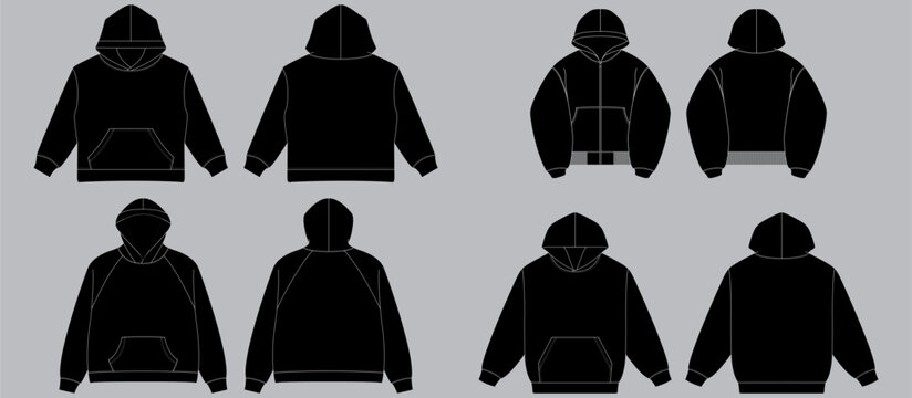 Black Boxy Hoodie Mockup Template Streetwear Oversized Hoodie Vector Flat Technical Illustration Boxy Hoodie Fashion Design Template Vector CAD Boxy Hoodie Mock-up