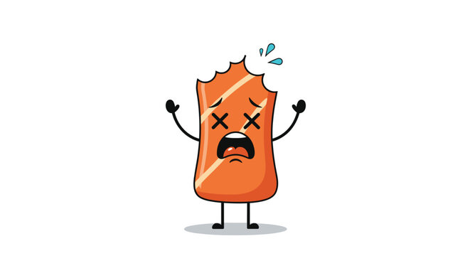 A funny but morbid cartoon character representing a bitten food item with X's for eyes and a look of despair on its face.