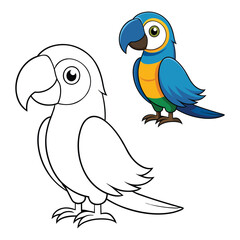 Fototapeta premium Cartoon Parrot Coloring Page – Cute Bird Illustration with Black and White Outline and Colored Version for Kids Creative Learning