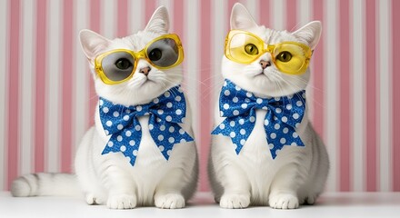 Obraz premium Two adorable white cats wearing oversized yellow sunglasses and sparkly blue polka dot bow ties