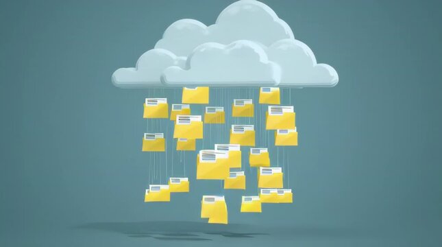 Yellow folders falling from cartoon clouds on blue background