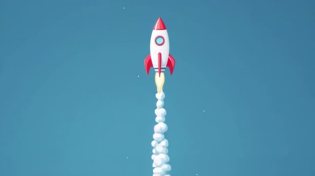 Red and white rocket ascends through blue sky with clouds