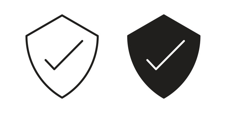 Shield check mark icon, line symbols on white background. EPS10