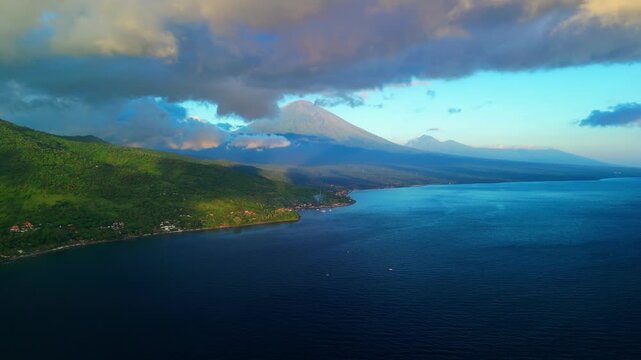 Golden Hour Aerial View Of Amed Coastline And Mount Agung In Bali