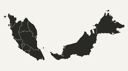 Malaysia Map Silhouette with State Borders. Detailed Vector Geographic Illustration of Peninsular and East Malaysia. © Dreamine