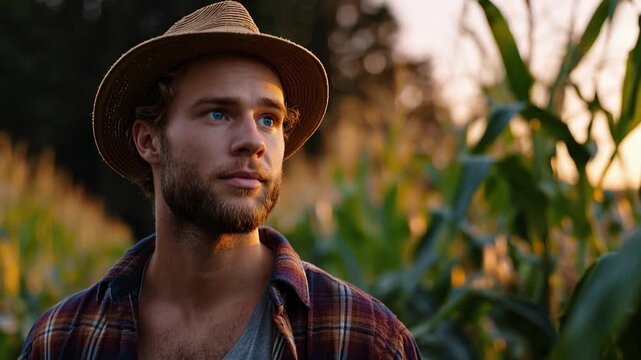 A thoughtful young man stands amidst cornfields at sunset, wearing a straw hat and flannel shirt, capturing the essence of rural life and connection to nature.